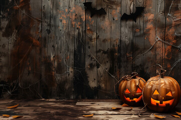 decoration  spooky pumpkins, bats, wooden Halloween scene.