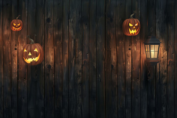 decoration  spooky pumpkins, bats, wooden Halloween scene.