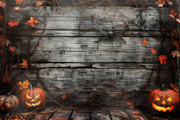 decoration  spooky pumpkins, bats, wooden Halloween scene.