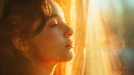 Obraz premium A serene moment captured as a young woman enjoys the warm glow of sunlight, evoking feelings of peace and introspection.