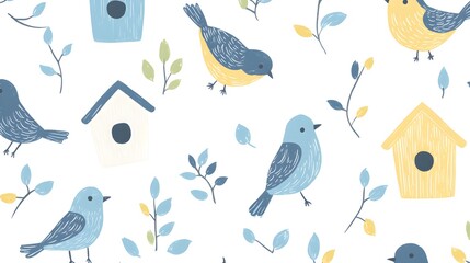 Cute Birdhouse and Birds Seamless Pattern  Pastel Watercolor Design