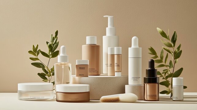 24. A collection of skincare and makeup products, including hydrating serums, glowing foundations, and matte lipsticks, arranged in a clean, modern layout emphasizing smooth textures
