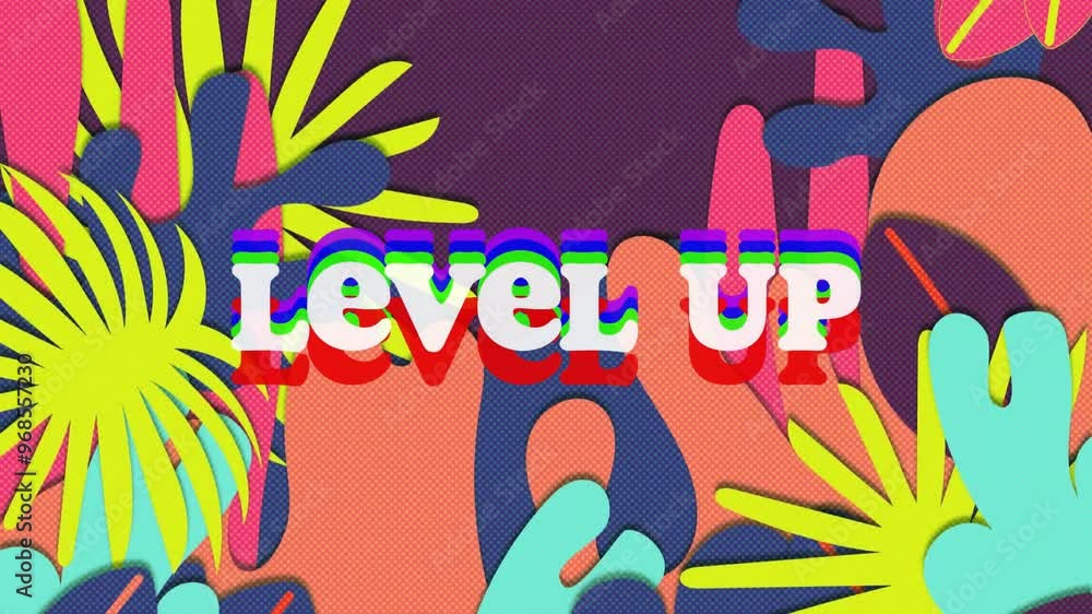 Poster animation of level up text over colourful shapes on purple background