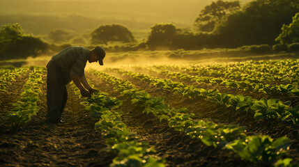 Fototapeta premium a farmer harvests his crops during the golden hour of sunset in a beautiful green field