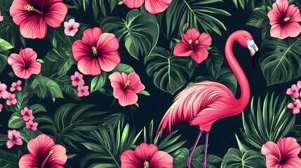 Tropical Flamingo with Pink Hibiscus Flowers and Green Palm Leaves Seamless Pattern