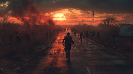 A man is walking down a road with a group of zombies behind him
