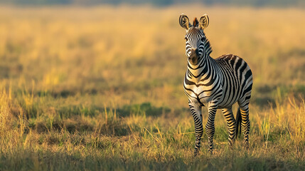 Fototapeta premium A solitary zebra stands in a sunlit savanna, capturing the serene beauty of its natural habitat in the golden hour