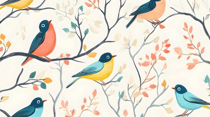 Colorful Birds on Branch Pattern