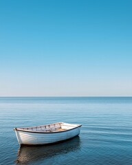 Naklejka premium A small white boat floats serenely on a calm blue sea, under a clear sky.
