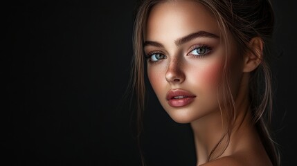 Fototapeta premium Captivating Glamour Portrait of Pensive Young Woman in Dark Studio