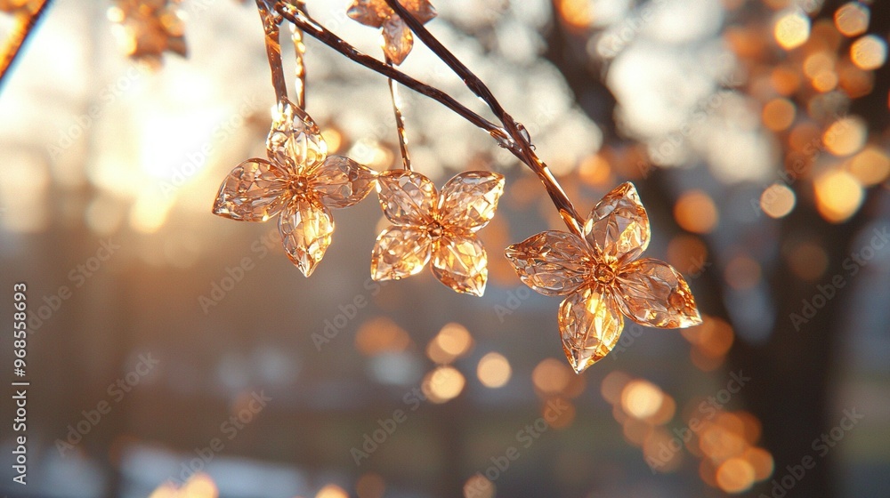 Poster a close-up of blooming flowers on a tree branch, bathed in sunlight filtering through the hazy trees