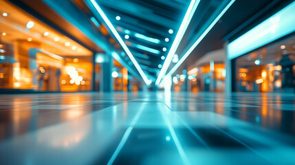 Fototapeta premium A vibrant urban shopping district illuminated by neon lights at night, featuring stylish storefronts and reflective floors