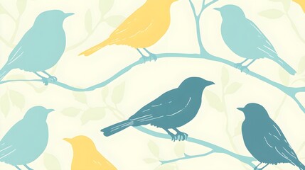 Obraz premium Colorful Birds On Branch Pattern Seamless Background Illustration