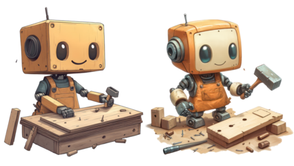 Cute Wooden Robot Carpenter Building and Crafting with Tools, for Creative Construction and Woodwork Themes. Isolated on transparent background