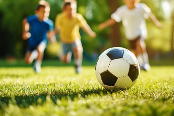 Obraz premium Boys playing soccer outdoors, running towards soccer ball on grassy field. Football training for children. Concept of sports and teamwork.