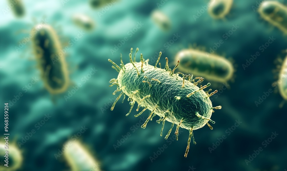 Poster microbial life in detail, a vivid representation of bacteria showcasing cellular structure and surfa