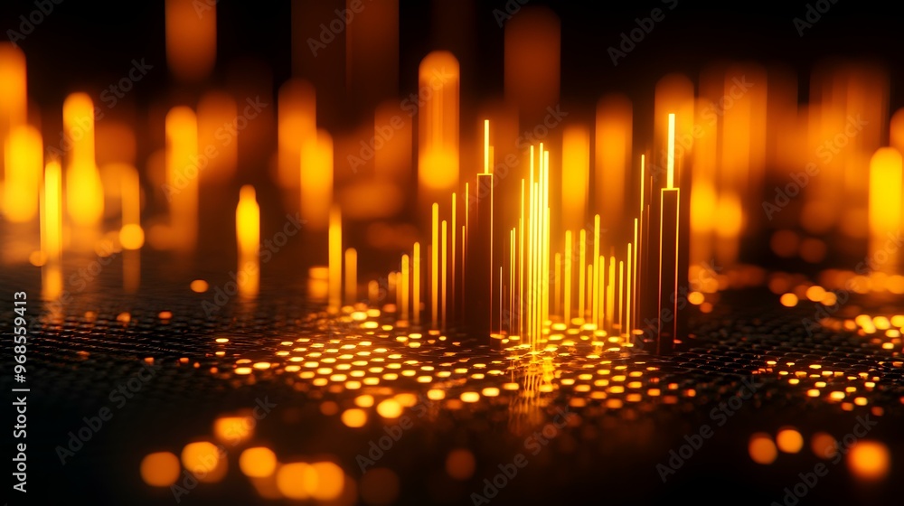 Poster Dynamic Pulse of Sound, visualization of audio frequencies represented through glowing bars and illuminated patterns, creating a vivid and energetic atmosphere.
