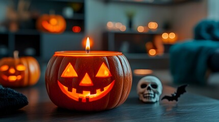 Festive Halloween Decor with a glowing pumpkin, playful jack-o-lantern faces, candlelight ambiance, and spooky accents like a skull and bat figurines.