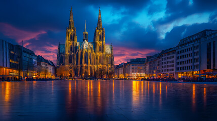 Fototapeta premium exterior of a beautiful european cathedral with a clock on it during the evening