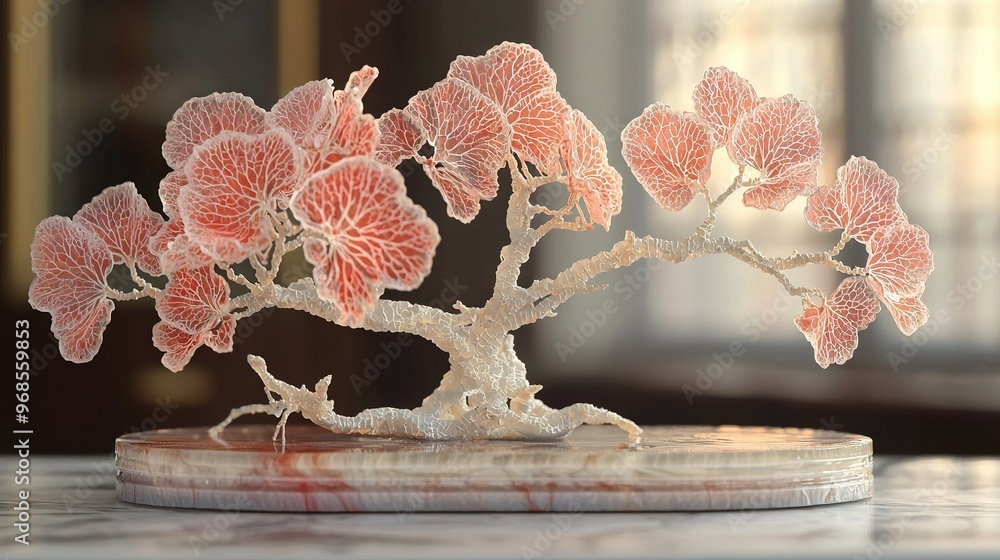 Poster a close-up of a bonsai tree on a table with sunlight streaming through the window behind