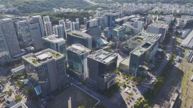 Drone View of Seoul city in South Korea, Sangam, broadcasting station, summer, 60fps