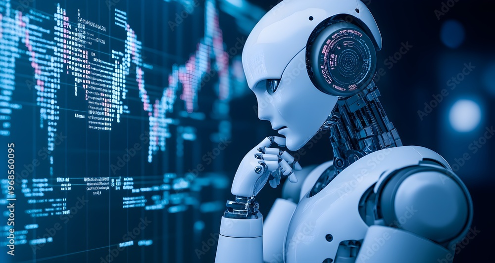 Aufkleber advanced ai robot analyzing financial data on a digital screen, representing artificial intelligence