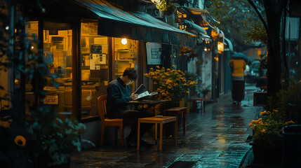 a man reading a book in a small cozy cafe during evening