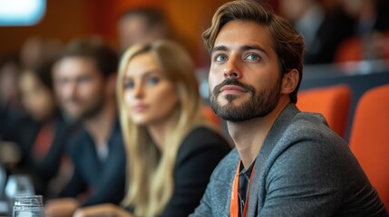 A business seminar where professionals are attentively listening to a speaker, while exchanging thoughts and making notes, focused on new skills development