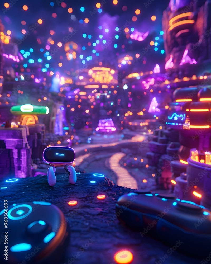 Poster joyful 3d character immersed in a vibrant multiplayer gaming experience, surrounded by colorful visu