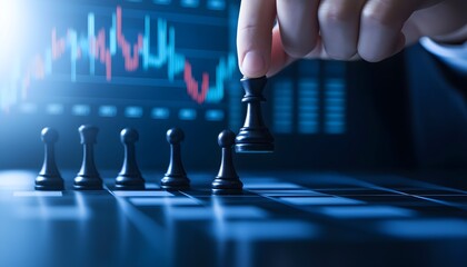 Business strategy and finance concept with a hand playing chess on a chessboard, overlaid with financial charts symbolizing investment, market analysis, and decision-making