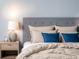 Obraz premium Front view of cozy bed with beige duvet, blue pillows and lamp, night stand on each side with copy space