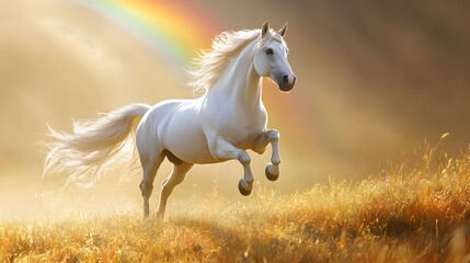 Fototapeta premium A magical unicorn galloping through a meadow under a rainbow