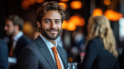 A corporate networking event with suits and ties, formal discussions, and structured panel sessions