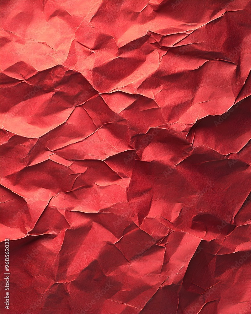 Poster textured crimson paper, vivid red surface with intricate folds and creases, displaying a dynamic int
