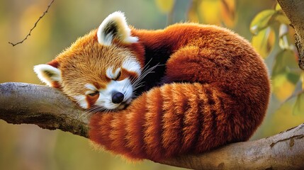 Fototapeta premium A charming red panda curled up in a ball on a tree branch