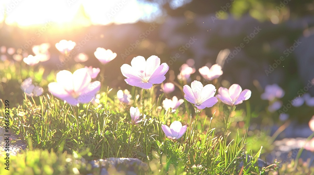 Poster   A field of pink flowers illuminated by the sunlight filtering through the treetops in the background image