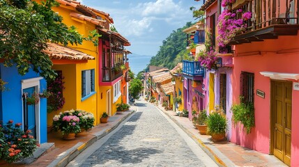 Obraz premium Vibrant coastal street adorned with colorful houses, blooming flowers, cobblestone path, and views of the shimmering ocean, creating a picturesque tropical ambiance.