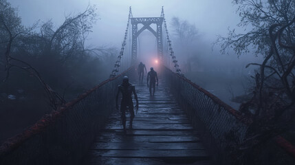 Fototapeta premium A bridge with three people walking across it