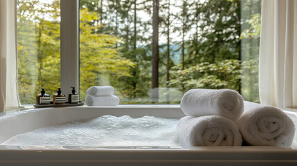 A serene bathroom with a hot tub, towels, and a view of lush greenery outside.