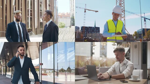 Multi screen business collage made of many different footages with business people working in office or outdoor. Technology, investment, money and teamwork concept.