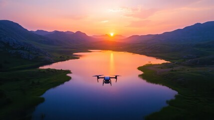 Obraz premium Drone captures breathtaking view of mountain lake at sunset.