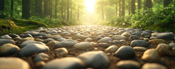 Fototapeta premium Tranquil Forest Path Natural Light, Stone Pathway, and Serene Nature Photography, Find Calm and Gratitude in the Beauty of the Outdoors