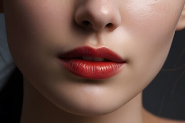 Naklejka premium The macro photo of the closed female mouth. Chubby lips with red lipstick show a fashionable make-up and increase in lips. Cosmetology, Spa, cosmetics 