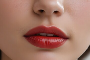 Fototapeta premium The macro photo of the closed female mouth. Chubby lips with red lipstick show a fashionable make-up and increase in lips. Cosmetology, Spa, cosmetics 