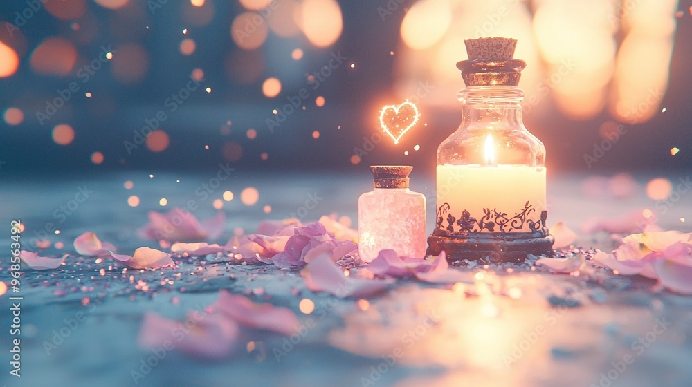 Aufkleber a few bottles rest on a table with a lit candle at its center and a heart perched atop one of them