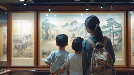 Fototapeta premium A family browsing through an art gallery in Japan, appreciating local artwork and cultural exhibits.