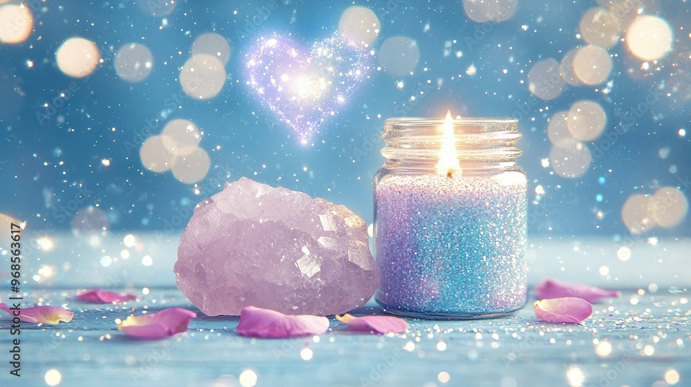 Poster candle close-up with heart-shaped object in center and petals on the table