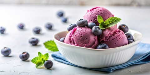 frozen, dessert, delicious, frozen treat, cold, dessert, sweet, dessert, fresh, Blueberry ice cream served in a cold and refreshing dessert dish against a white background at eye level