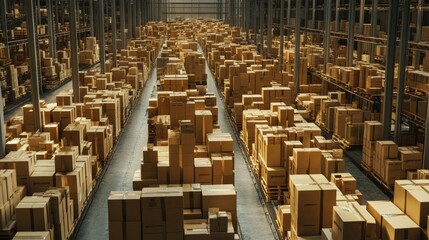 A busy warehouse with neatly stacked cardboard boxes ready for shipment, representing efficient distribution and supply chain operations