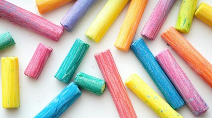 A collection of vibrant, colorful chalk sticks scattered on a white background, ready for artistic creativity and fun